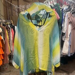 New York & Company Blue and Yellow Hooded Swim Cover-Up